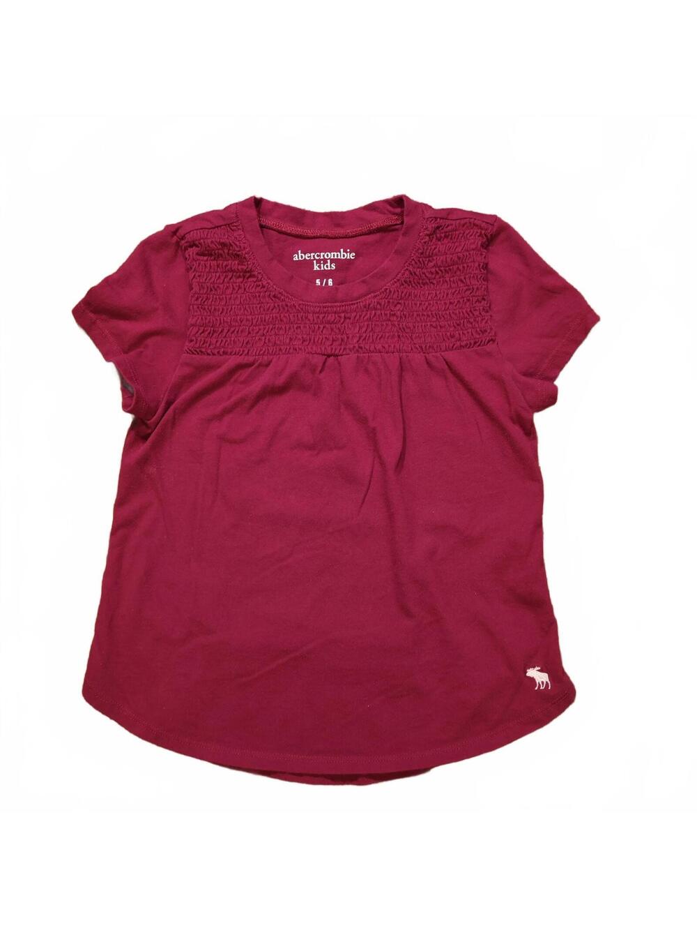 Abercrombie Kids Girls 5/6 Tee Smocked Yoke Crew Neck Maroon Logo Summer Shirt